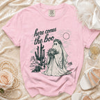 Pink t-shirt with ghost bride graphic and "here comes the boo" text.