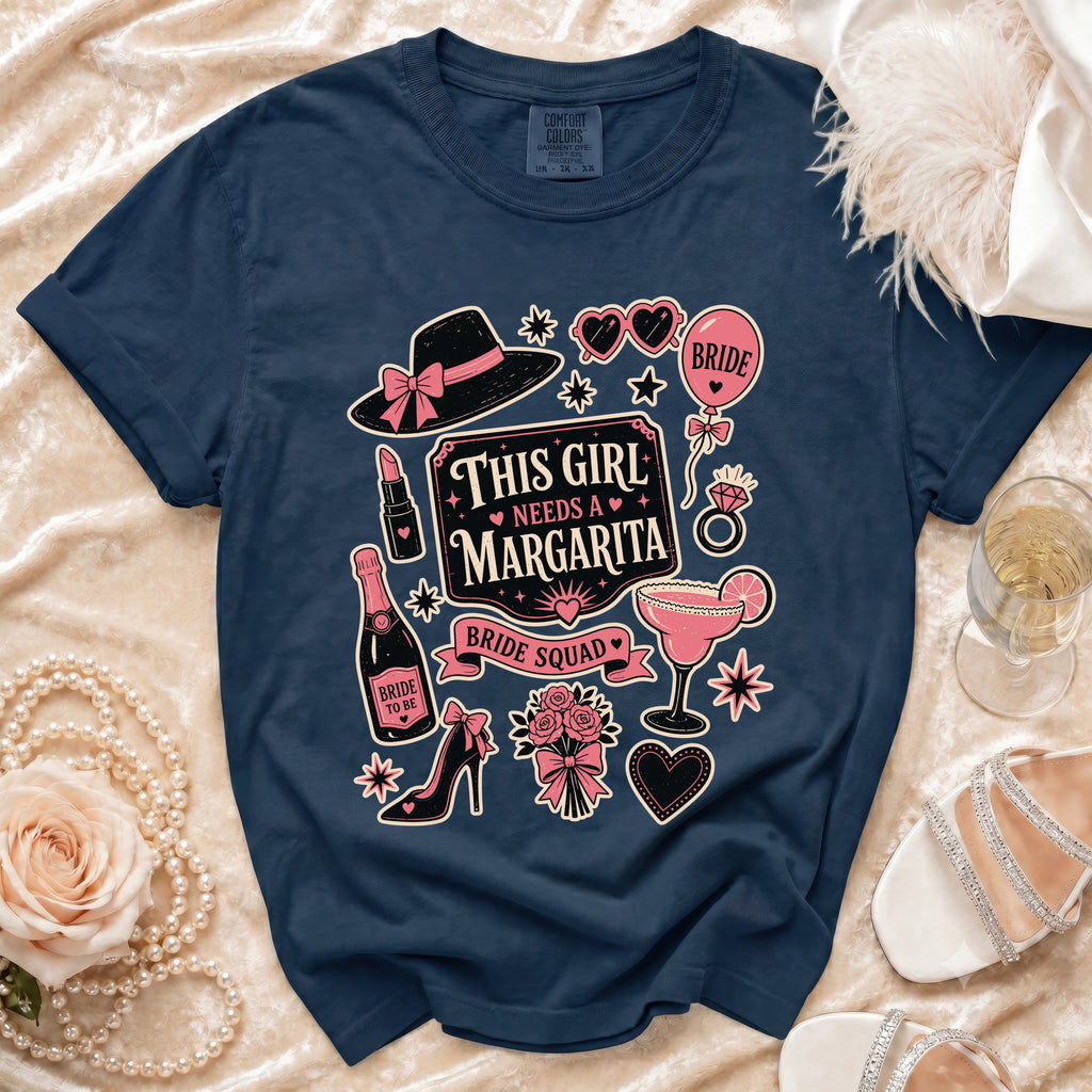 Navy t-shirt with "This Girl Needs a Margarita" and "Bride Squad" graphic.