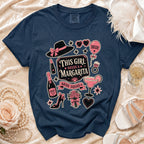 Navy t-shirt with "This Girl Needs a Margarita" and "Bride Squad" graphic.