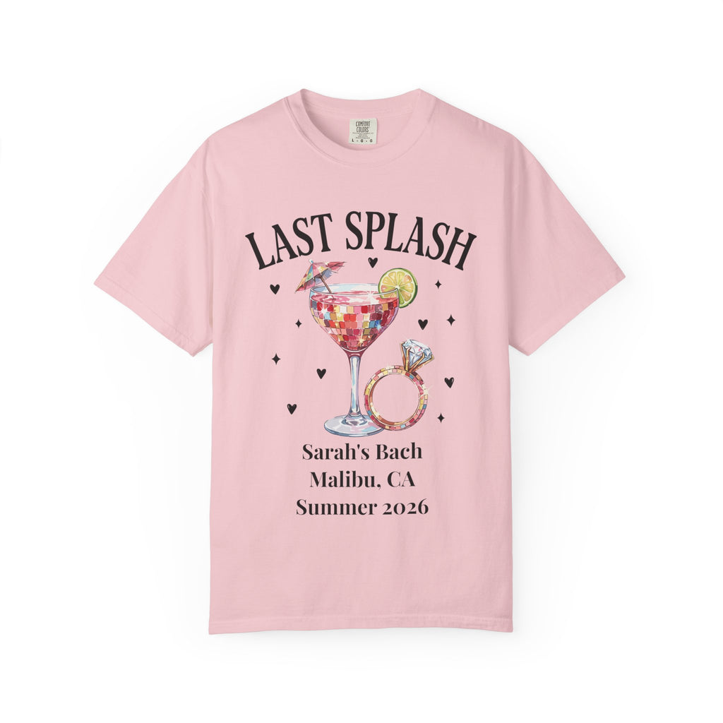 Pink t-shirt with "Last Splash Sarah's Bach Summer 2026" text and cocktail graphics.