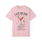 Pink t-shirt with "Last Splash Sarah's Bach Summer 2026" text and cocktail graphics.