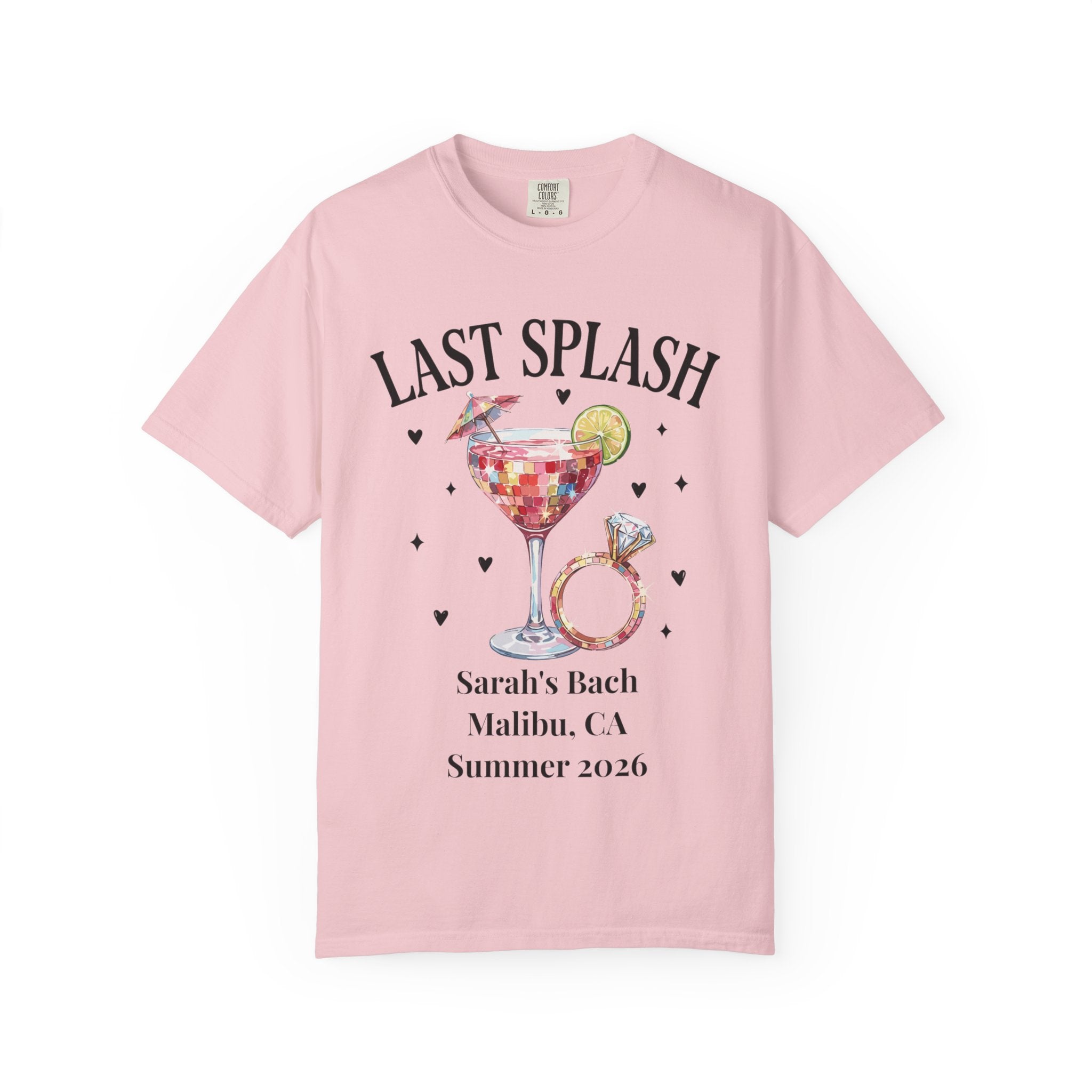 Pink t-shirt with "Last Splash Sarah's Bach Summer 2026" text and cocktail graphics.