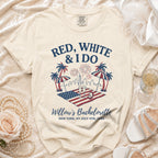 T-shirt with "RED, WHITE & I DO" and "Willow's Bachelorette" New York July 4th 2026 graphic.