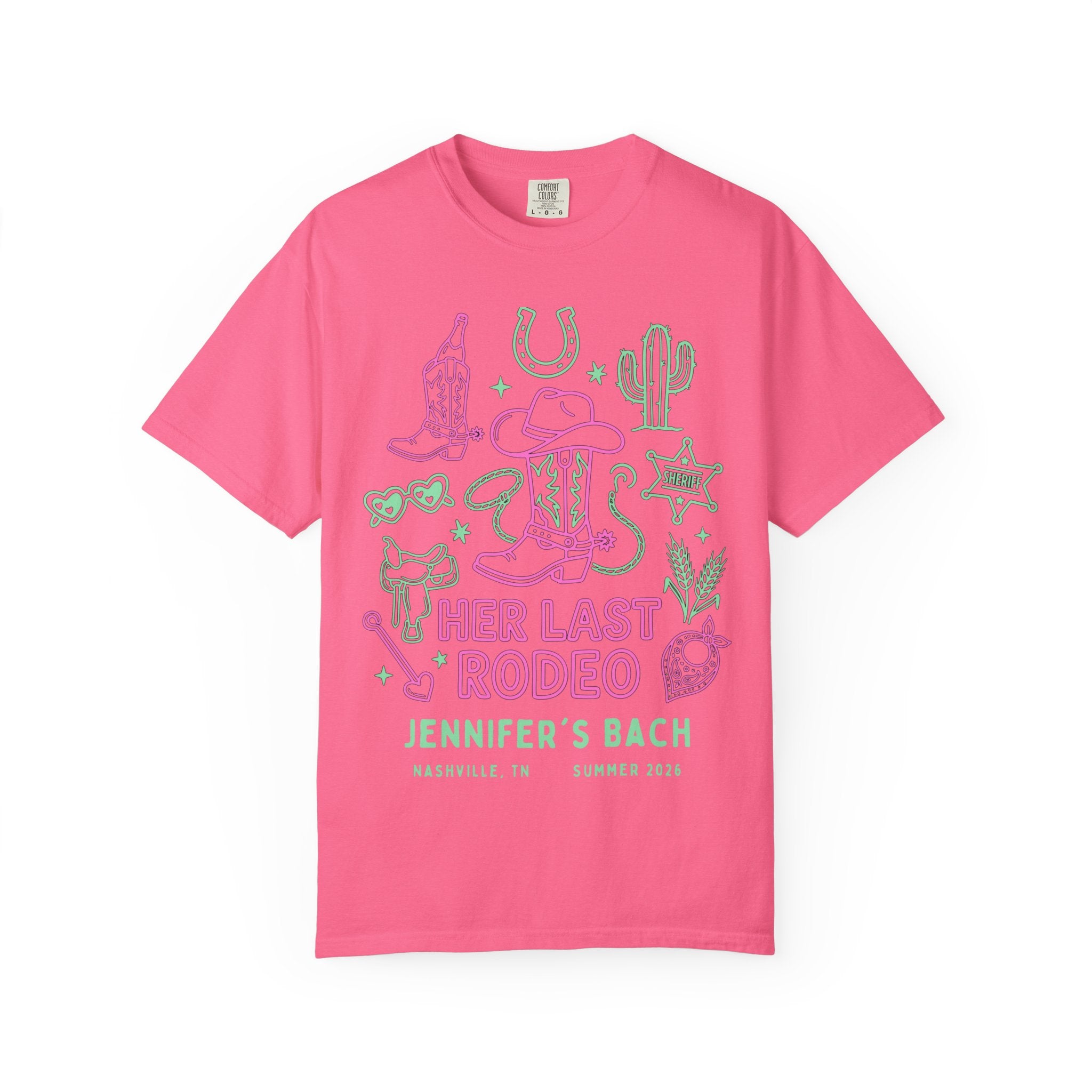 Pink t-shirt with "Her Last Rodeo" graphic in green, cowboy boots, sheriff star, and cactus.