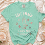 Mint green t-shirt with "Last Splash Sarah's Bach Malibu, CA Summer 2026" and nautical graphics.
