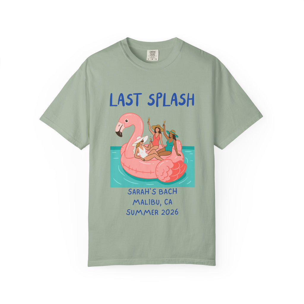 T-shirt with "Last Splash" and flamingo float text.