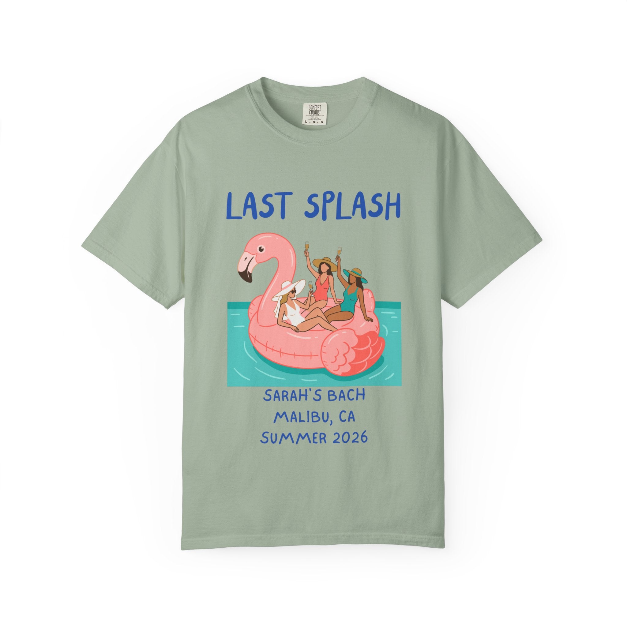 T-shirt with "Last Splash" and flamingo float text.