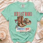 "Her Last Rodeo" t-shirt with cowboy boots, hat, and "Jennifer's Bach Nashville, IN Summer 2026" text.