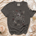T-shirt with "Till Death Do Us Party" text and gothic wedding-themed cross-stitch designs.