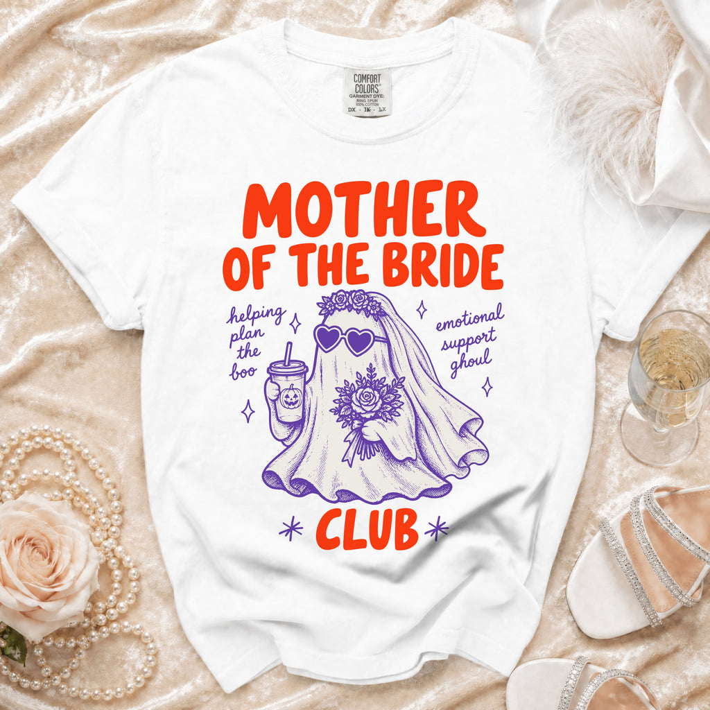 White t-shirt with "Mother of the Bride Club" graphic featuring a ghost.