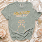 T-shirt with "Last Splash Sarah's Bach Malibu CA Summer 2026" text and champagne glasses.