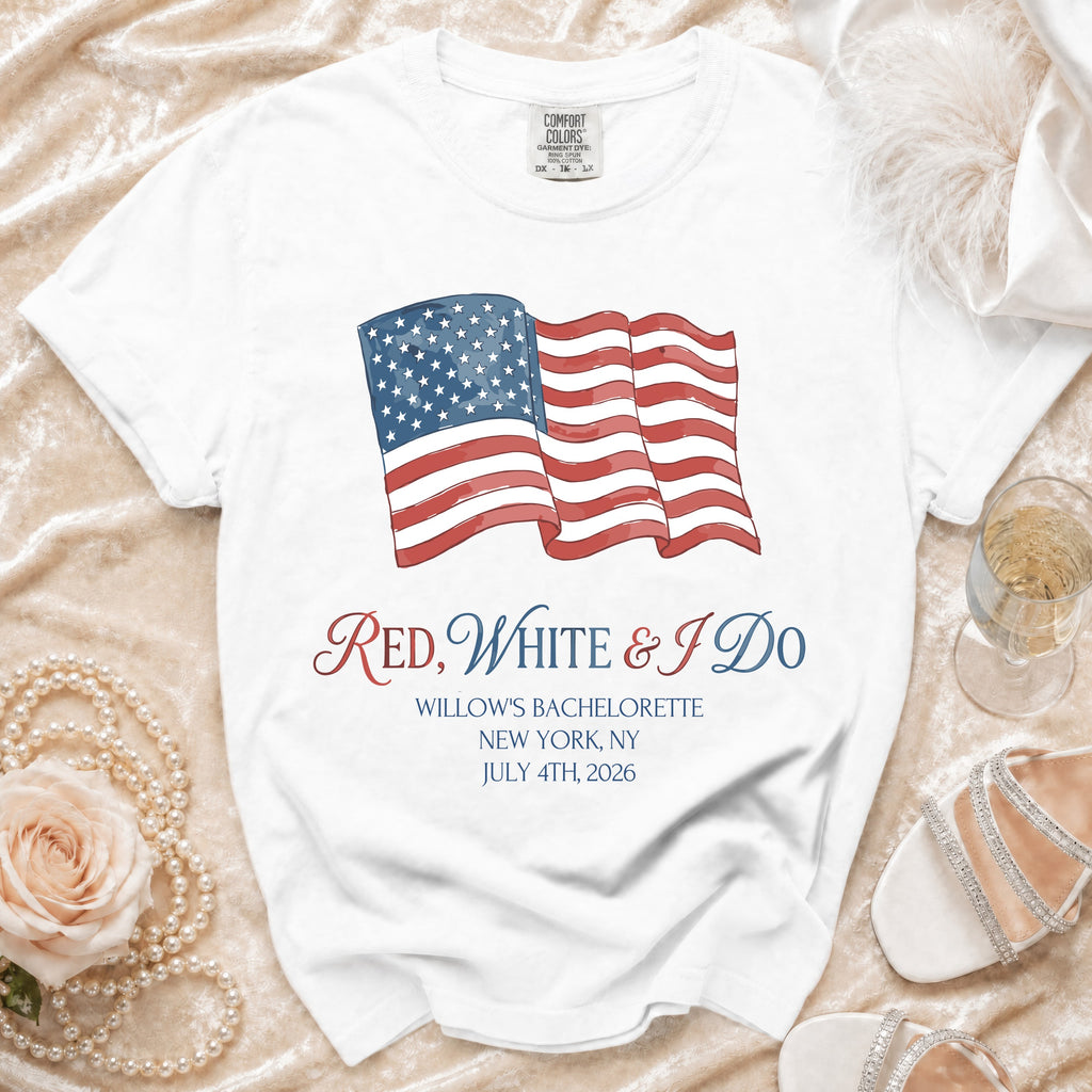 White t-shirt with American flag and "Red, White & I Do" text.