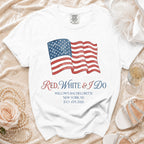 White t-shirt with American flag and "Red, White & I Do" text.