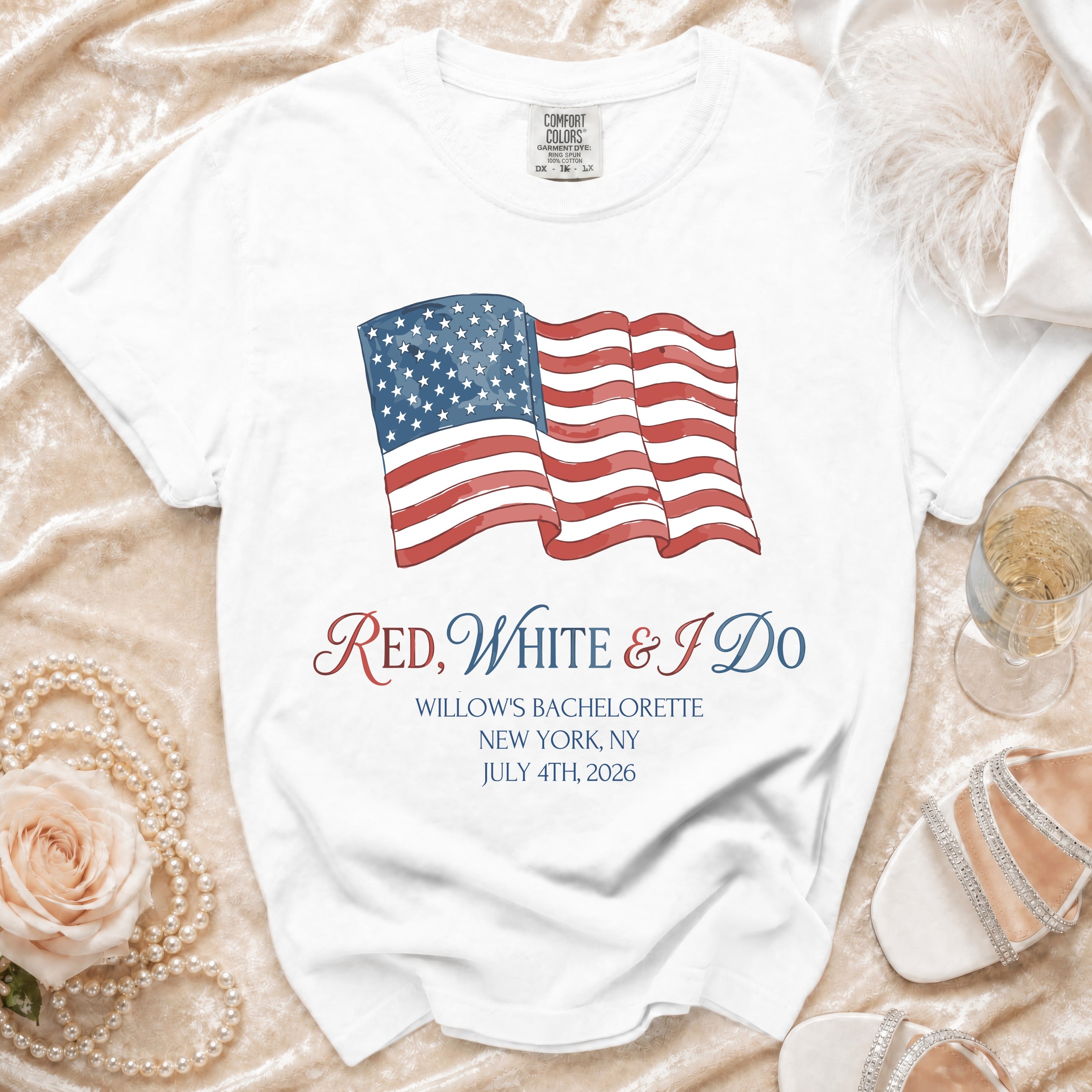 White t-shirt with American flag and "Red, White & I Do" text.
