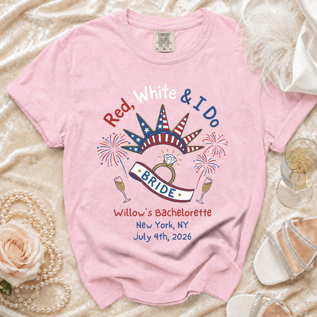 Pink t-shirt for "Willow's Bachelorette" with "Red, White & I Do" text.
