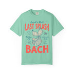 Sarah's Bach Last Splash graphic tee in coral and teal with mermaid tail.