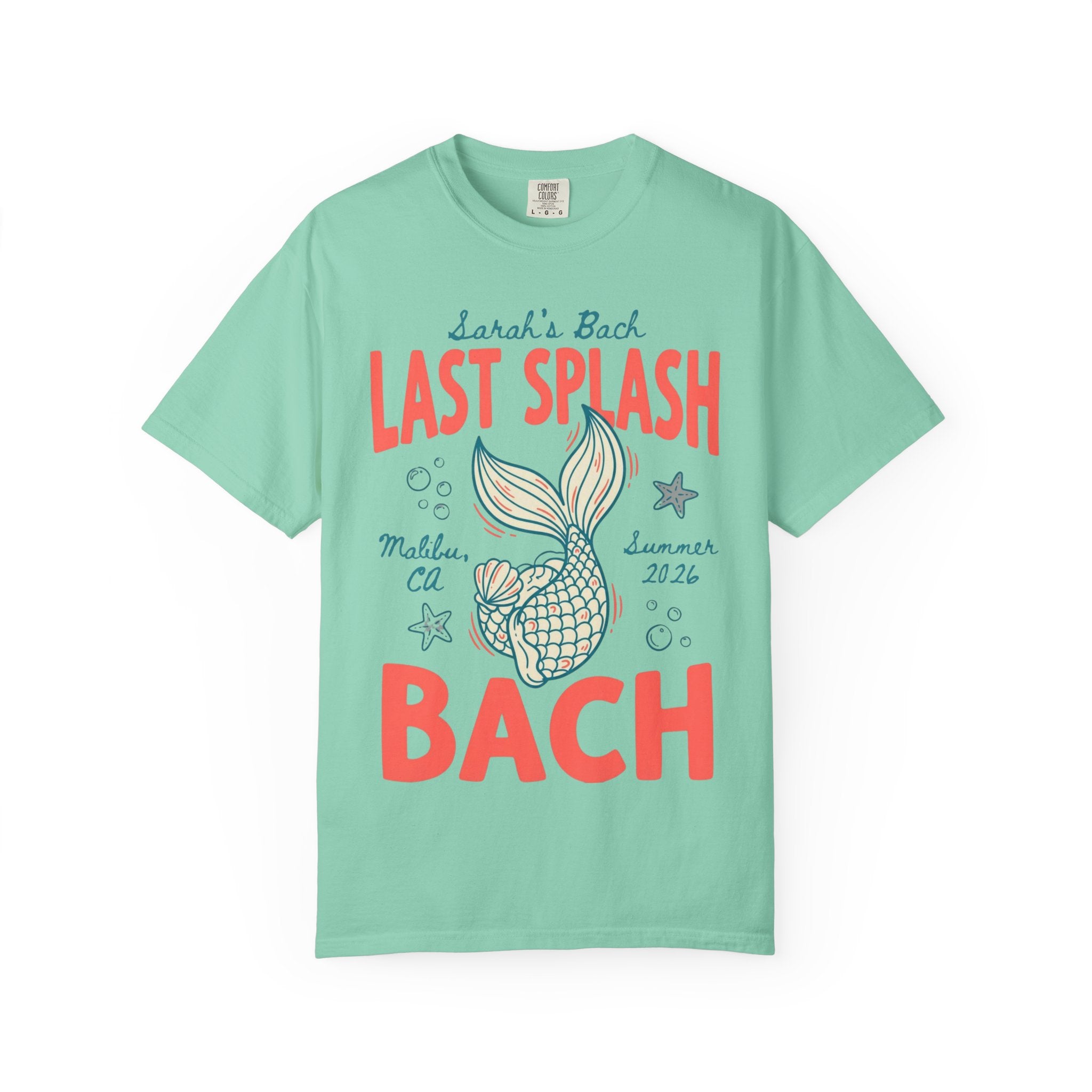 Sarah's Bach Last Splash graphic tee in coral and teal with mermaid tail.