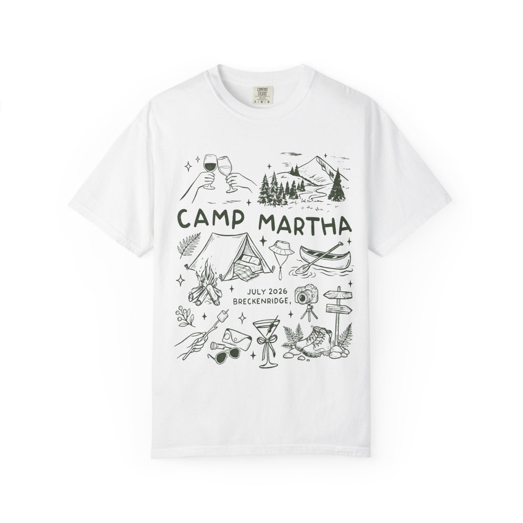White t-shirt with "CAMP MARTHA" and camp-themed illustrations.