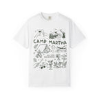 White t-shirt with "CAMP MARTHA" and camp-themed illustrations.