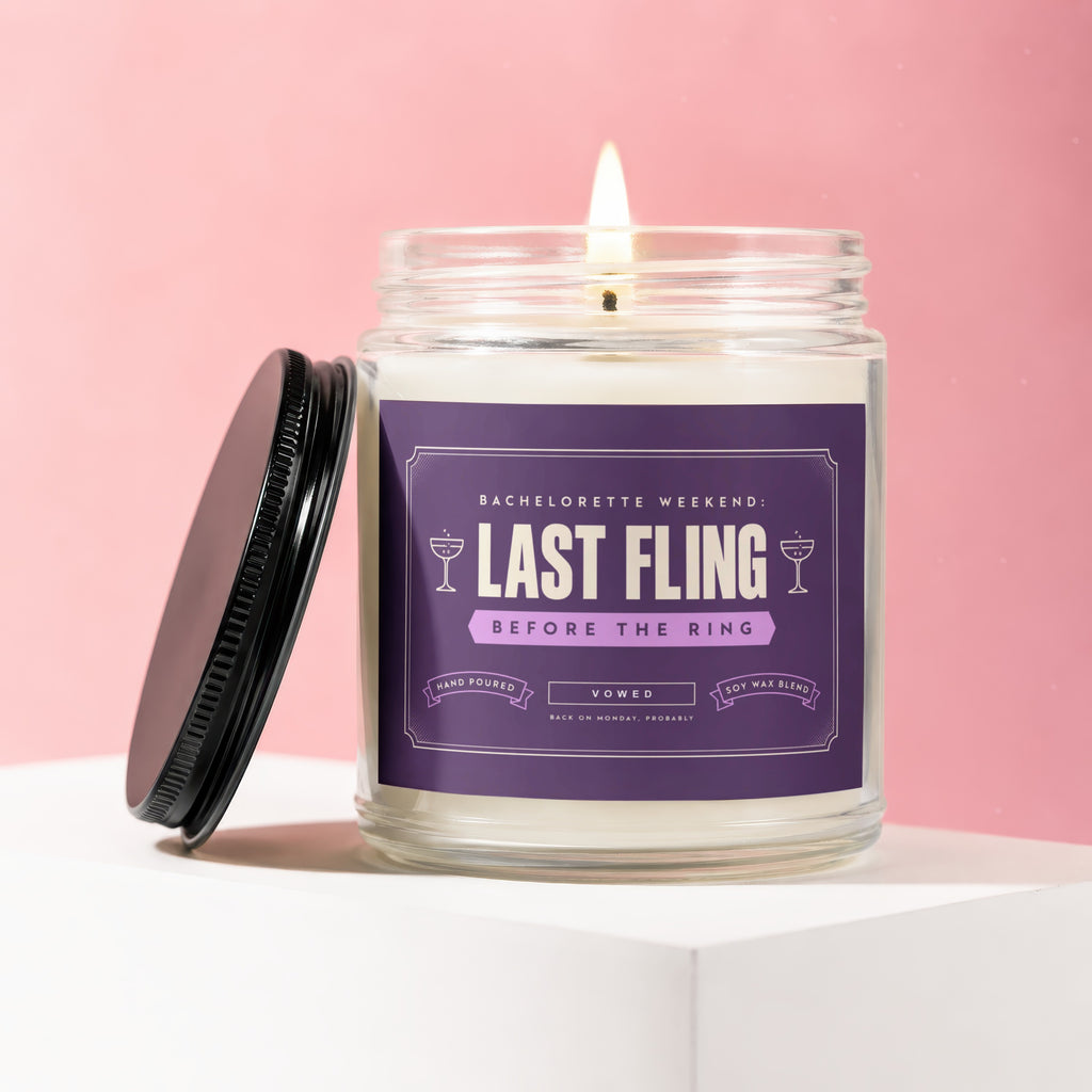 Bachelorette candle with "Last Fling Before The Ring" text.
