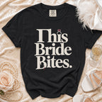 Black t-shirt with "This Bride Bites" text and a diamond ring graphic.