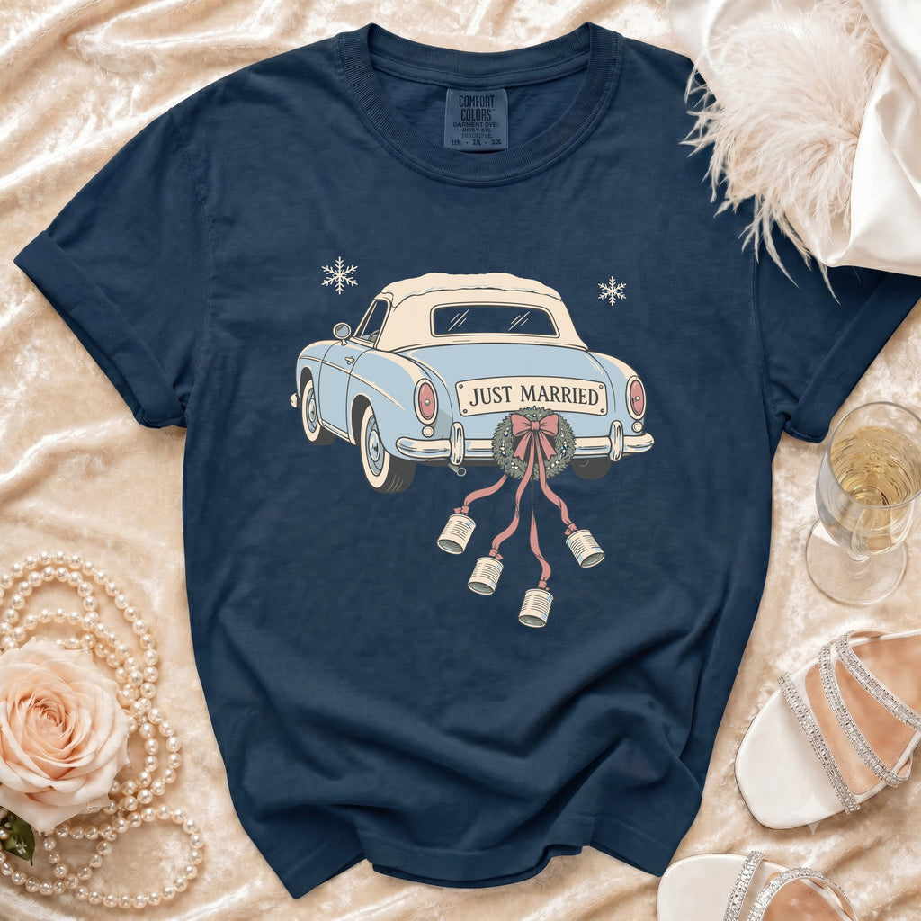 Navy t-shirt with a vintage light blue convertible car that says "JUST MARRIED".