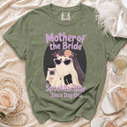 Green t-shirt with "Mother of the Bride Spooktacular Since Day One" text and ghost graphic.