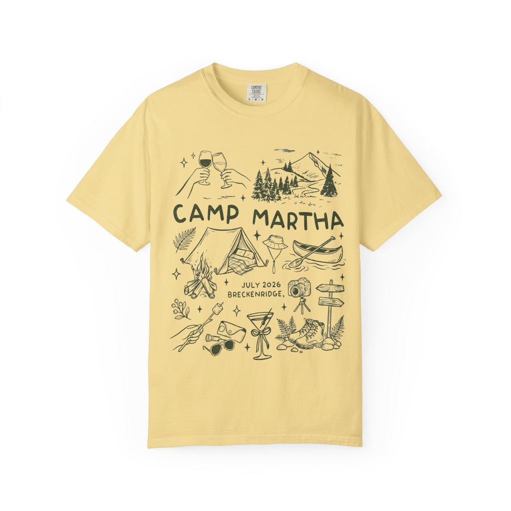 T-shirt with "Camp Martha July 2026 Breckenridge" and camping illustrations.