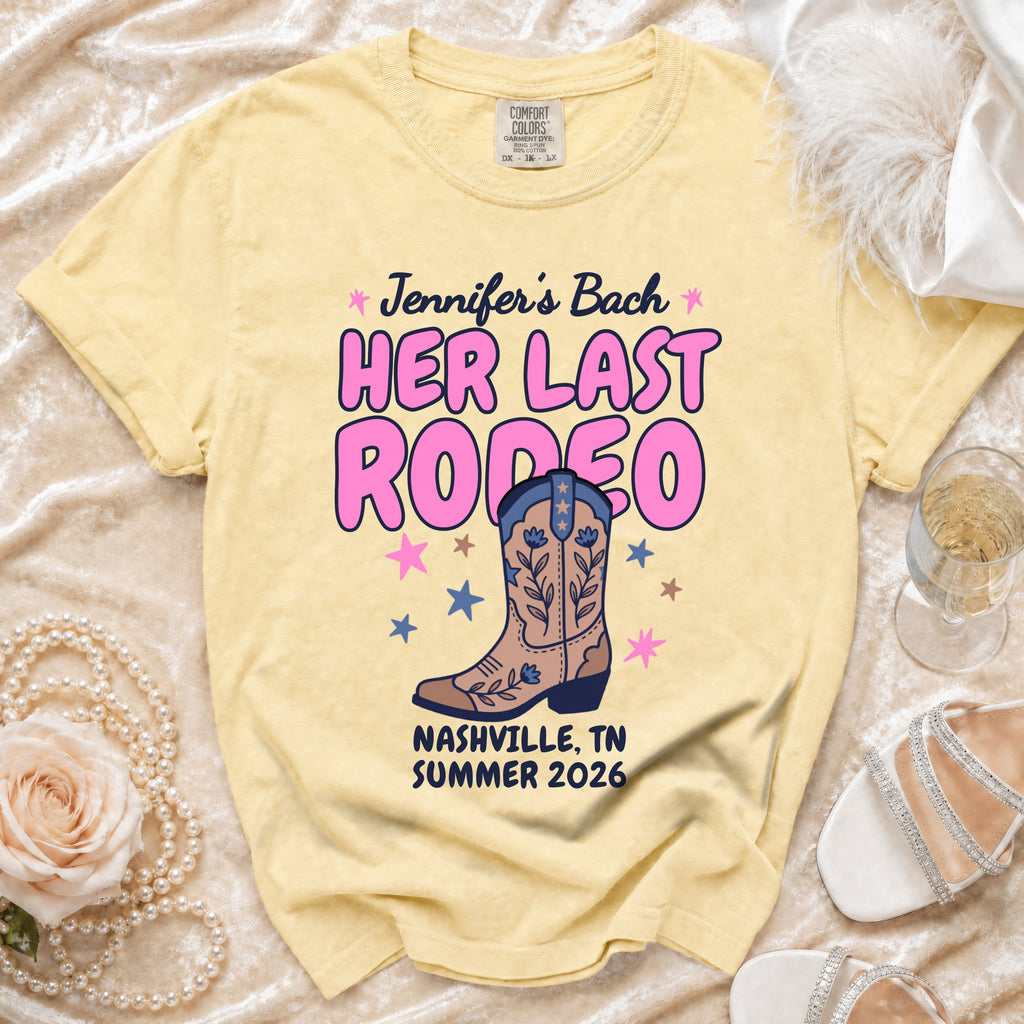 Yellow t-shirt with "Jennifer's Bach Her Last Rodeo" and cowboy boot graphic.