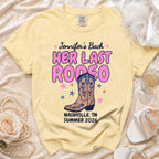 Yellow t-shirt with "Jennifer's Bach Her Last Rodeo" and cowboy boot graphic.