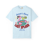 Flamingo float with margarita, "Sarah's Bach Last Splash Malibu, CA Summer 2026" text.