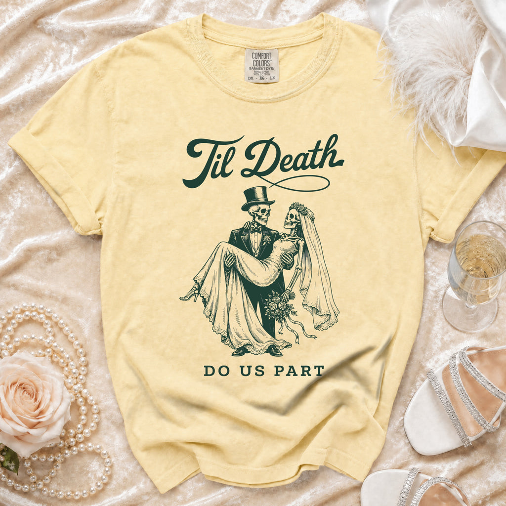 Yellow t-shirt with skeletons in wedding attire and text "Til Death Do Us Part".