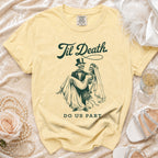 Yellow t-shirt with skeletons in wedding attire and text "Til Death Do Us Part".