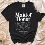 Black t-shirt with "Maid of Honor" text, a makeup bag, and lipstick diagram.
