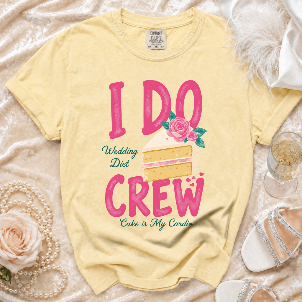 Yellow t-shirt with "I DO Wedding Diet CREW Cake is My Cardio" text and cake graphic.