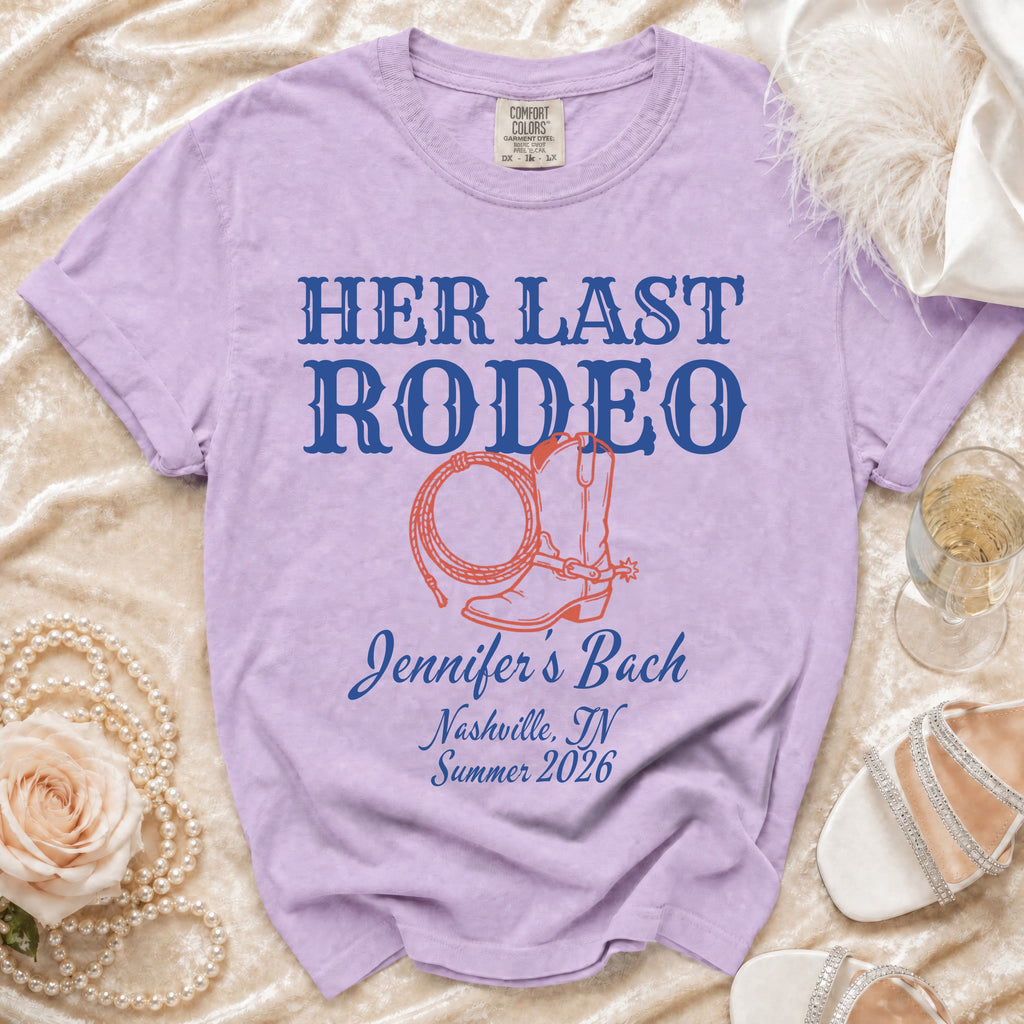 Lavender t-shirt with "Her Last Rodeo" and "Jennifer's Bach" text.