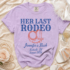 Lavender t-shirt with "Her Last Rodeo" and "Jennifer's Bach" text.