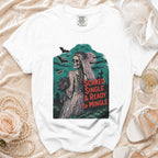 White t-shirt featuring skeleton bride graphic with text "Scared Single & Ready to Mingle".