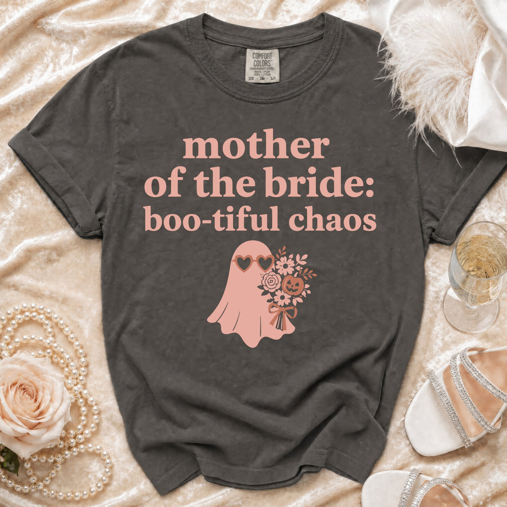 Dark gray t-shirt with "mother of the bride: boo-tiful chaos" text and ghost graphic.
