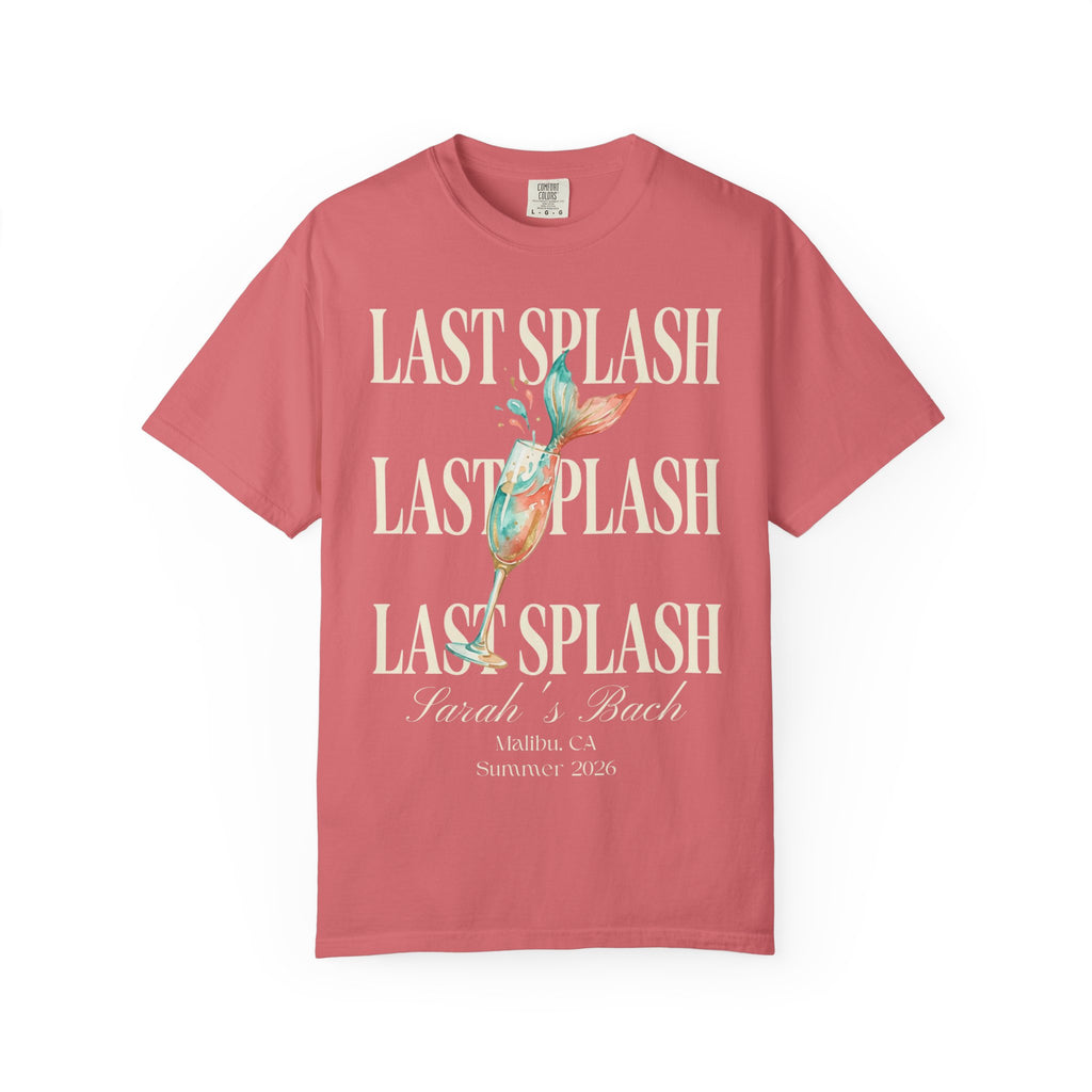 Coral t-shirt with "Last Splash" text and a champagne glass graphic.