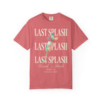 Coral t-shirt with "Last Splash" text and a champagne glass graphic.