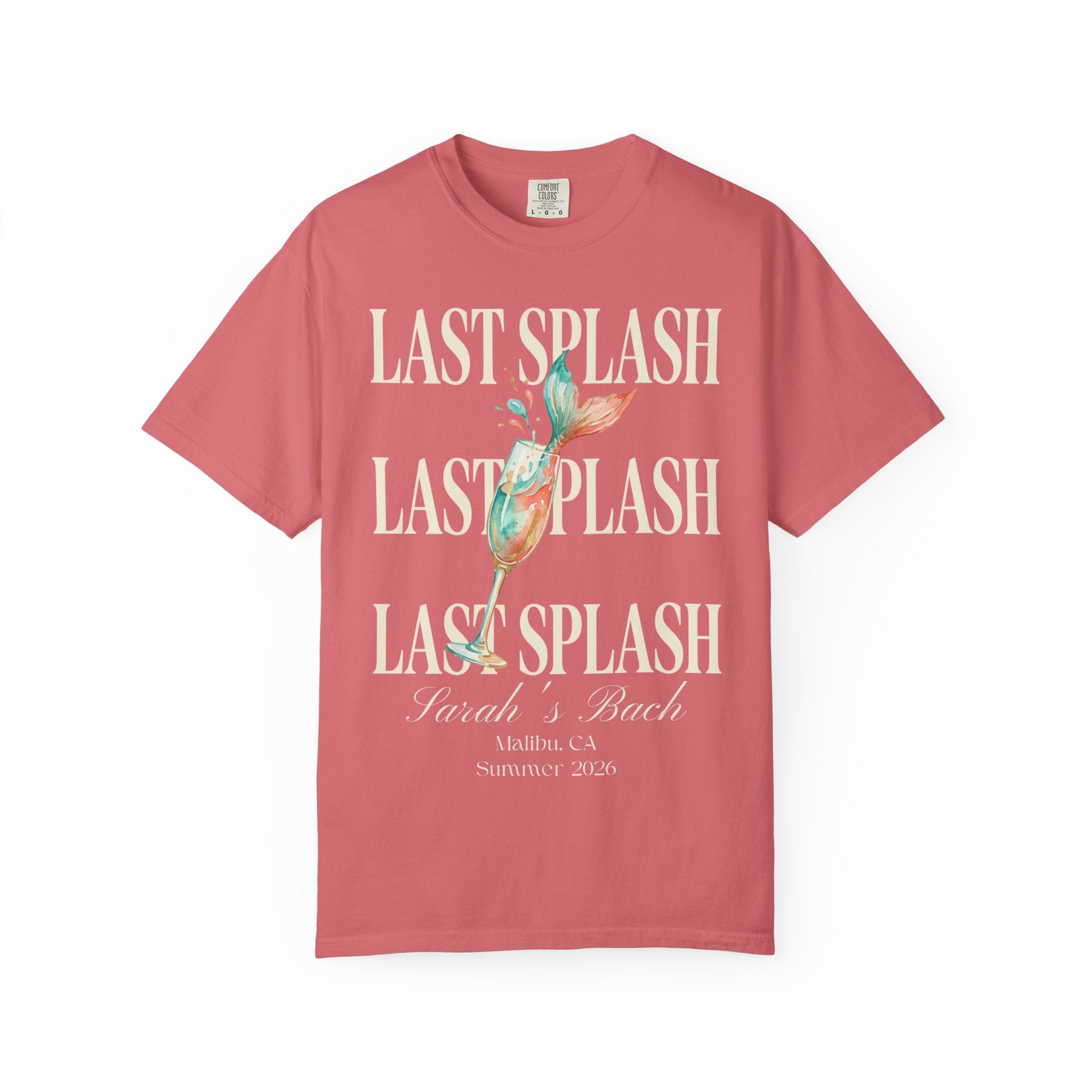 Coral t-shirt with "Last Splash" text and a champagne glass graphic.