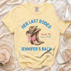 Yellow t-shirt with "Her Last Rodeo" and Nashville bachelorette details.