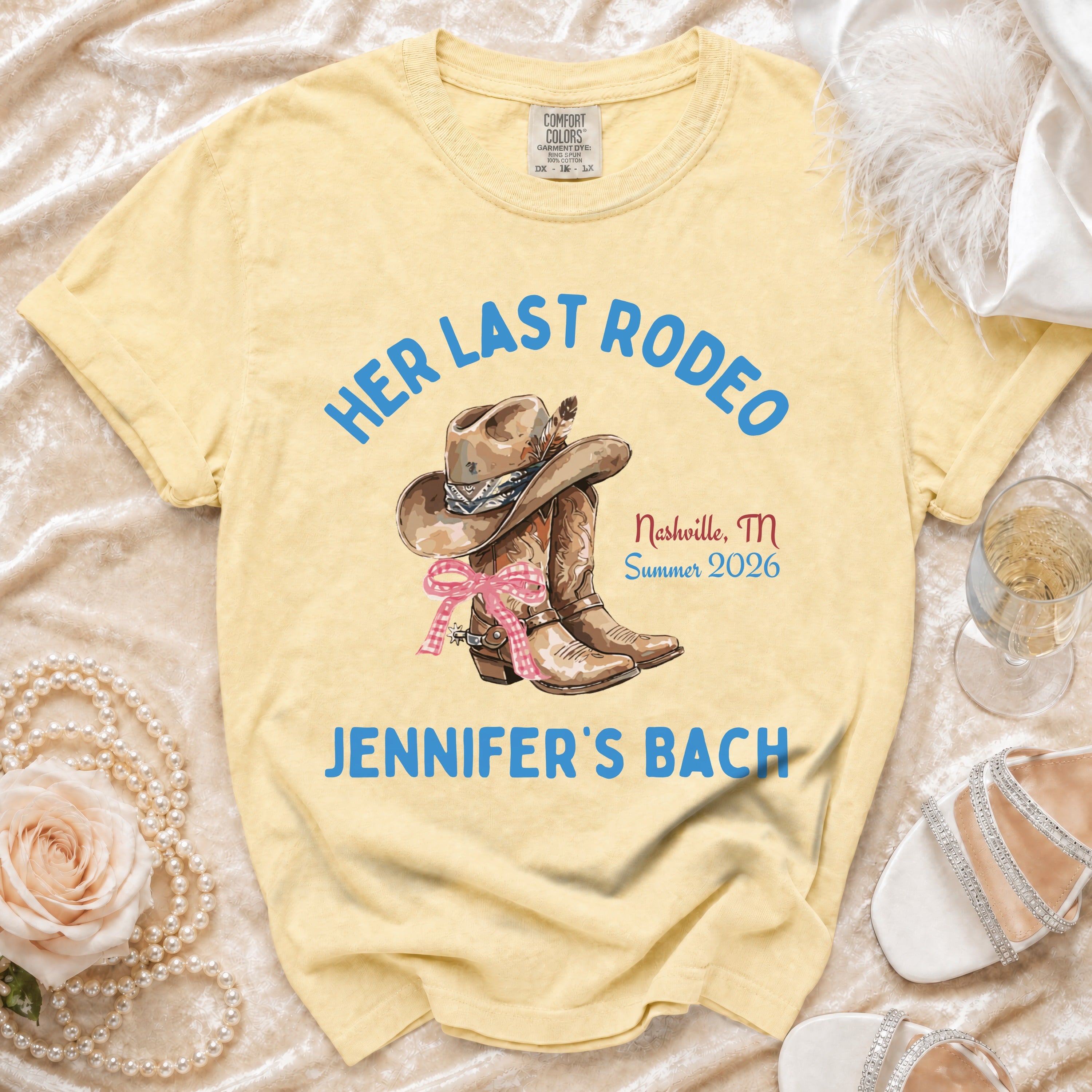 Yellow t-shirt with "Her Last Rodeo" and Nashville bachelorette details.