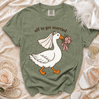 Green t-shirt with graphic of goose in wedding veil and text "off to get married".