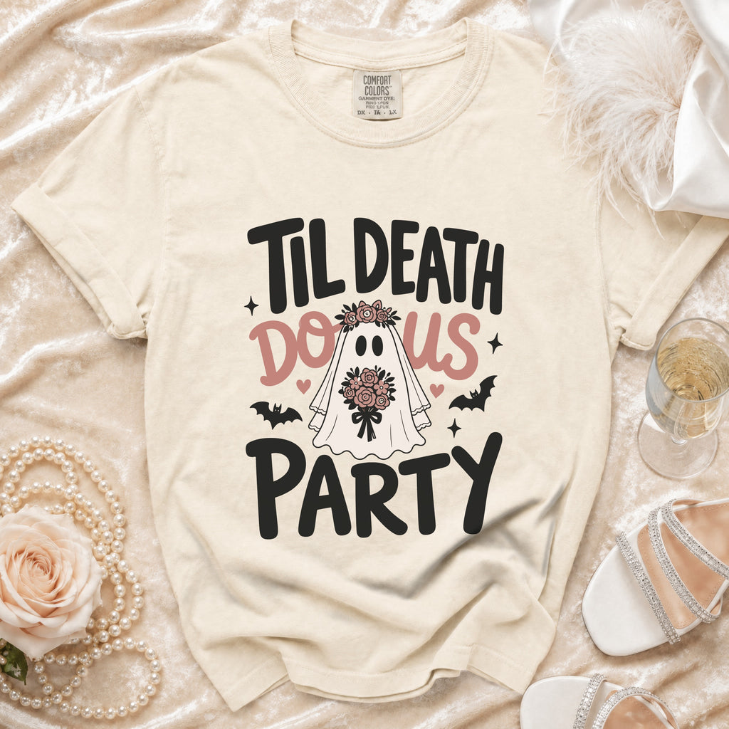 T-shirt with "Til Death Do Us Party" text featuring a ghost bride, bats, and flowers.
