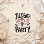T-shirt with "Til Death Do Us Party" text featuring a ghost bride, bats, and flowers.