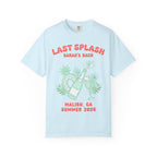 Light blue t-shirt with "Last Splash Sarah's Bach Malibu, CA Summer 2026" and tropical graphics.