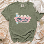 Green t-shirt with "Just Married Las Vegas" graphic, Comfort Colors tag.