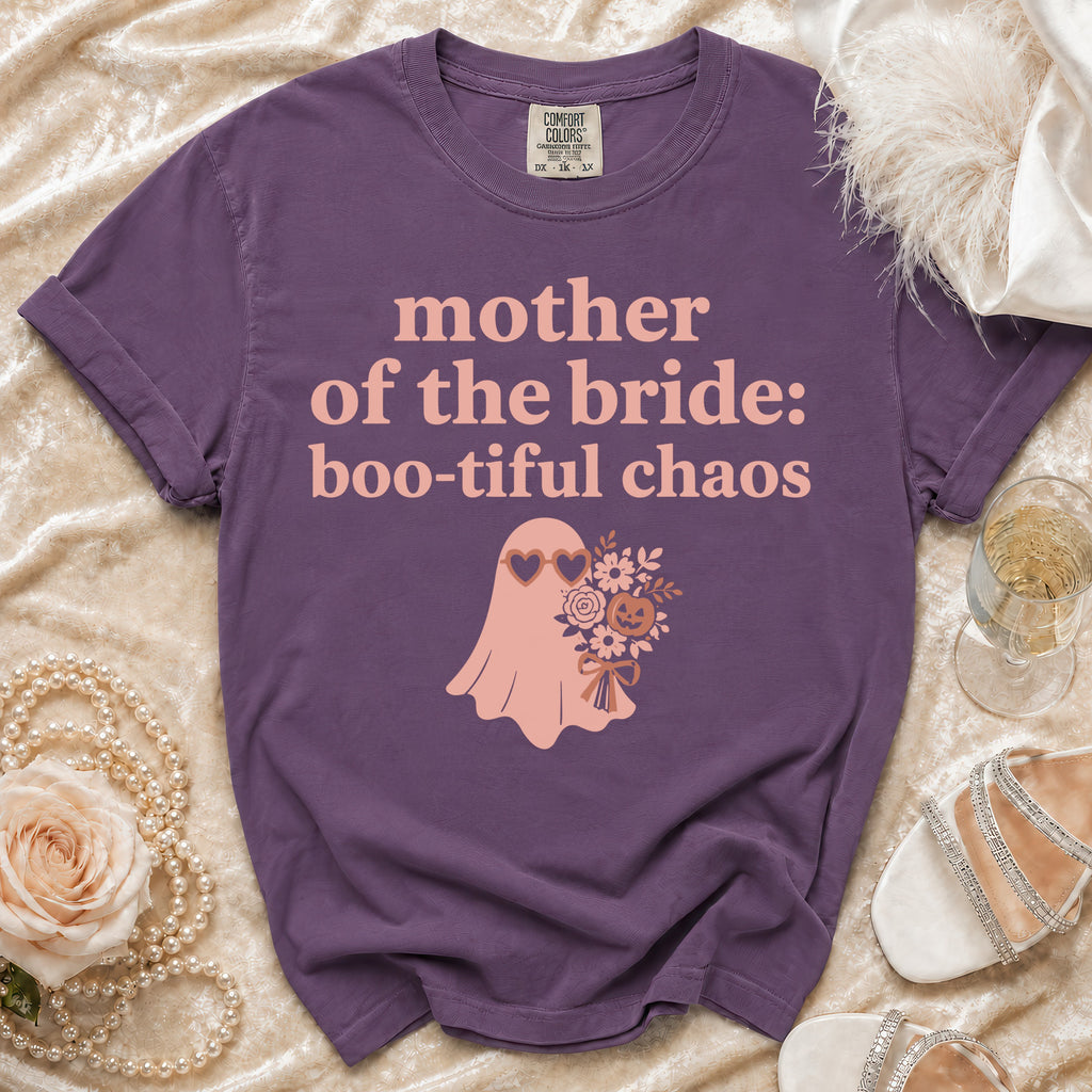 Purple t-shirt with "mother of the bride: boo-tiful chaos" and ghost graphic.